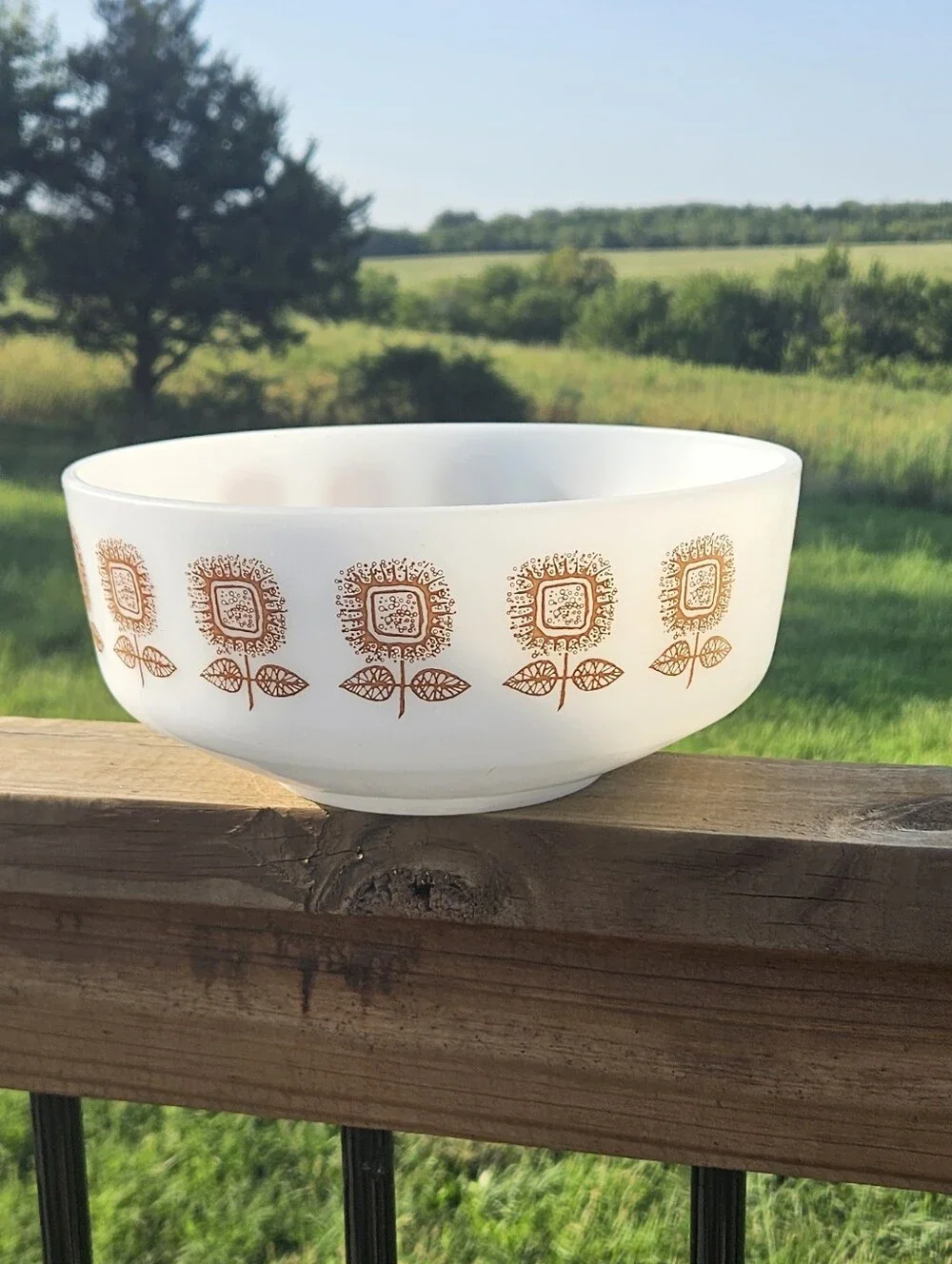 🌻 Vintage Federal Glass Brown Sunflower Mixing Bowl - 3.5 Qt,  Farmhouse Cottag